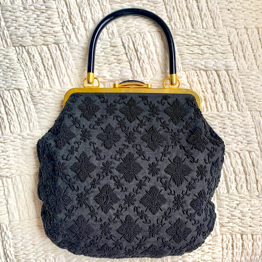 Vintage Pristine Handbeaded Floral Black and Gold Handbag